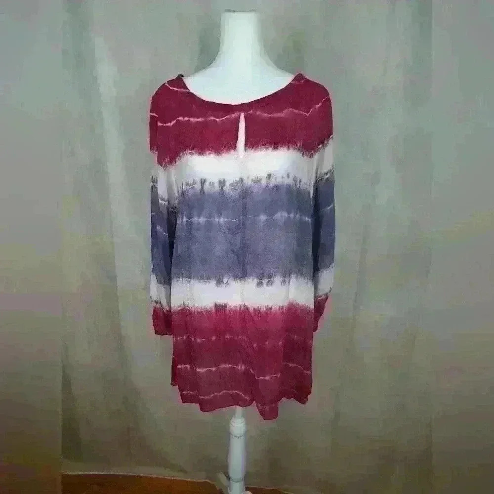 Barbara Lesser Size L Keyhole  Pink Purple Tie Dyed Roll Tab Cupro Rayon Tunic